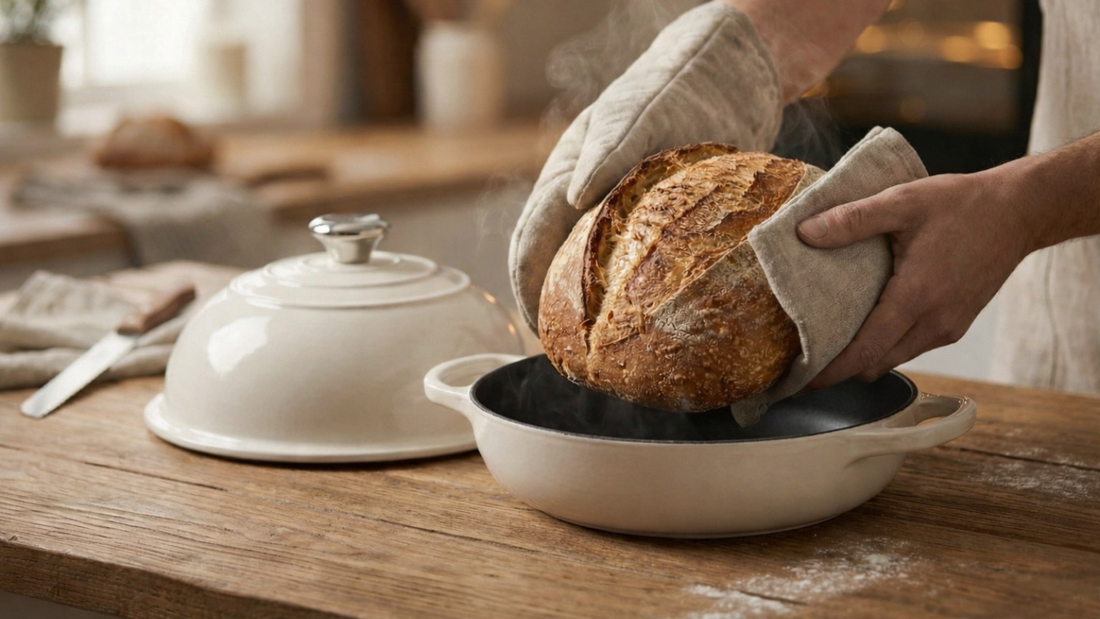 Broodpan van LUCAVITA met versgebakken rond brood met knapperige korst dat uit de pan wordt gehaald voor een perfect bakresultaat