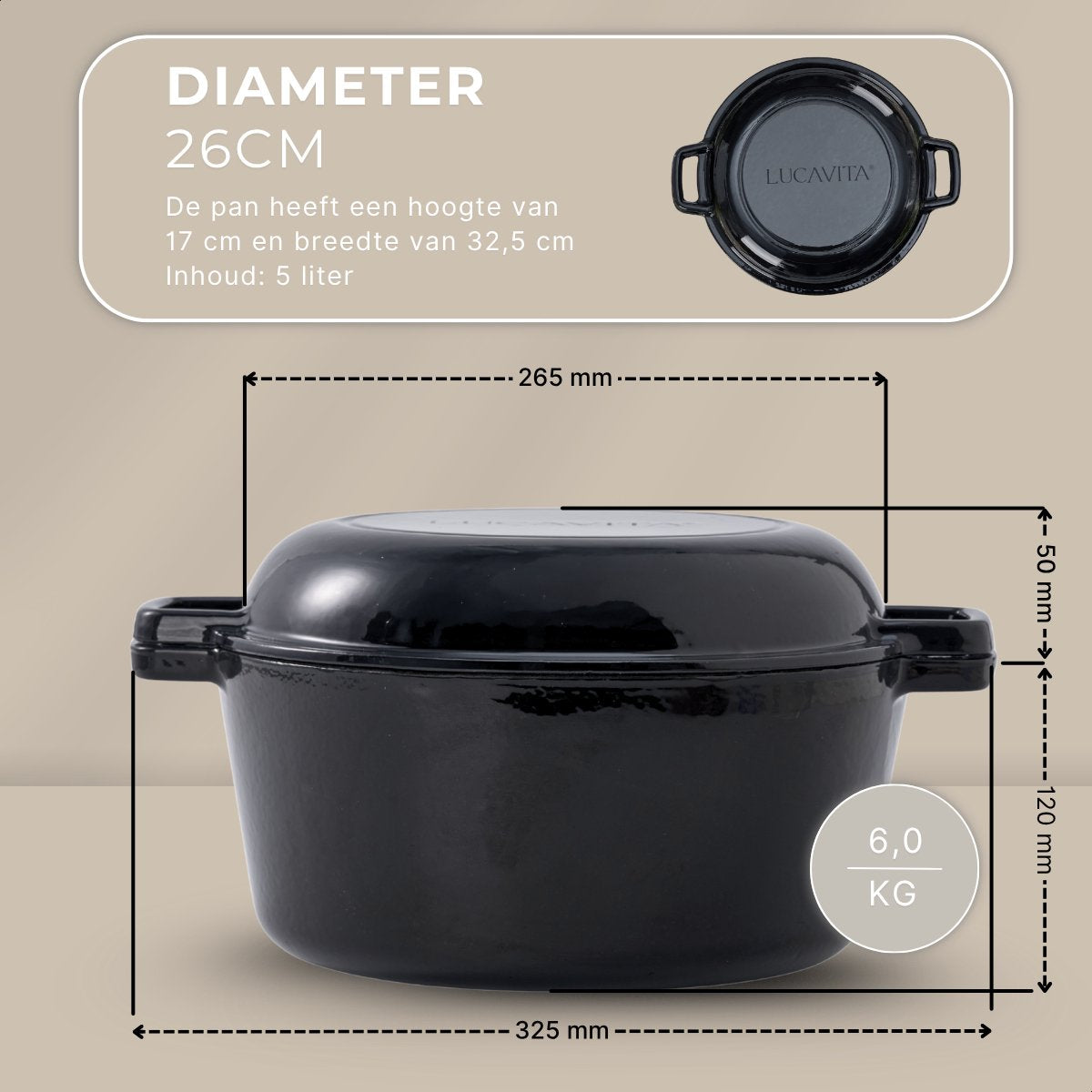 Braadpan Gietijzer Emaille 5.0L